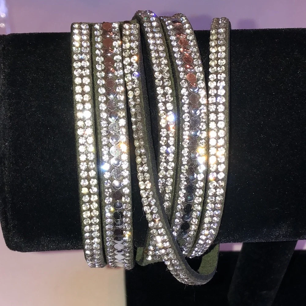 Green Crystal Rhinestone Boho Wrap Bracelet - Silver Sparkle